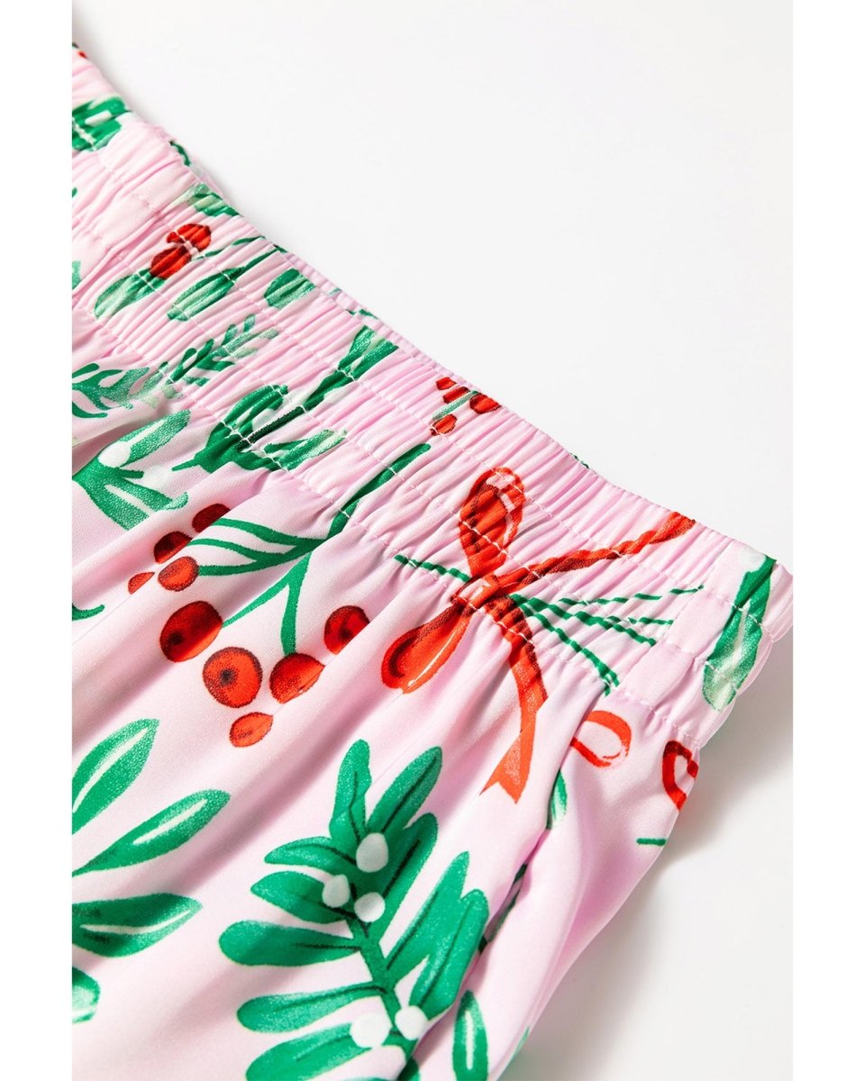 Pink Christmas Berries Plant Print Satin Long Sleeve Pajama Set - L