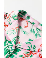 Pink Christmas Berries Plant Print Satin Long Sleeve Pajama Set - L