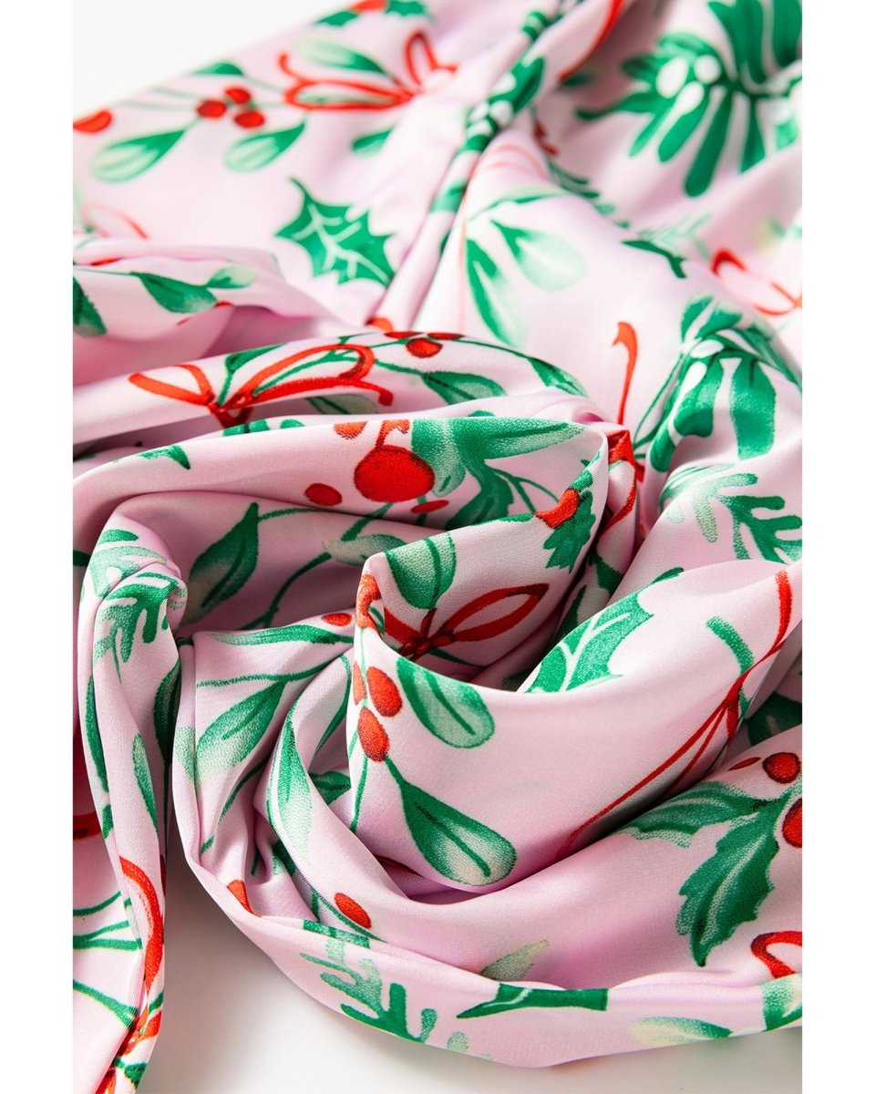 Pink Christmas Berries Plant Print Satin Long Sleeve Pajama Set - S