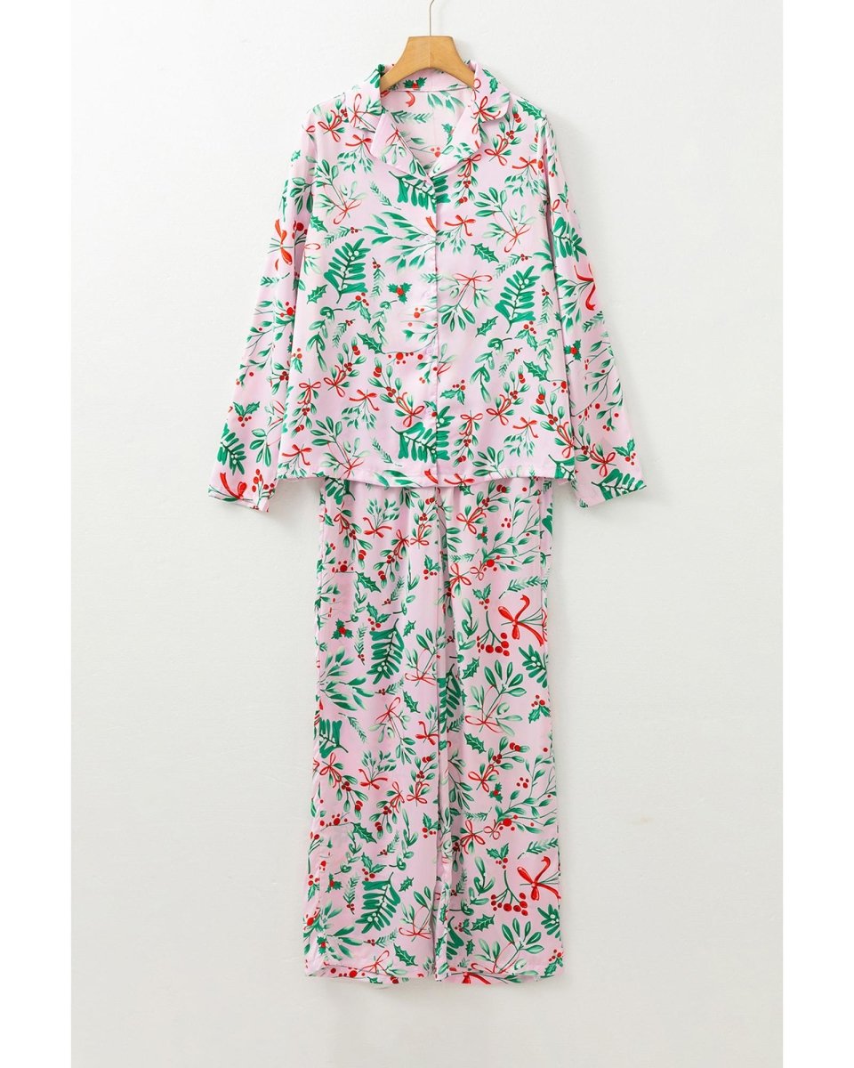 Pink Christmas Berries Plant Print Satin Long Sleeve Pajama Set - S