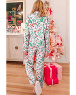 Pink Christmas Berries Plant Print Satin Long Sleeve Pajama Set - XL