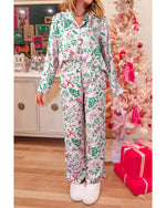 Pink Christmas Berries Plant Print Satin Long Sleeve Pajama Set - XL