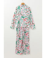 Pink Christmas Berries Plant Print Satin Long Sleeve Pajama Set - XL