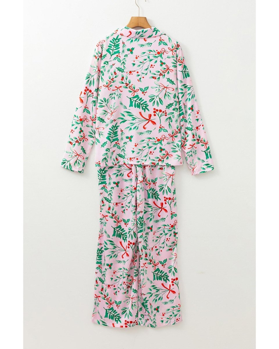 Pink Christmas Berries Plant Print Satin Long Sleeve Pajama Set - XL