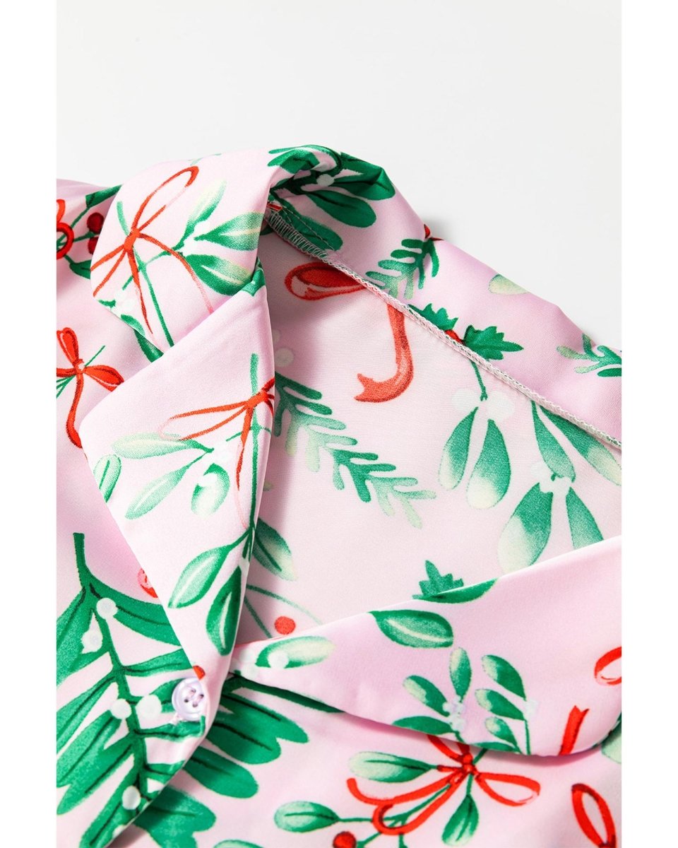 Pink Christmas Berries Plant Print Satin Long Sleeve Pajama Set - XL