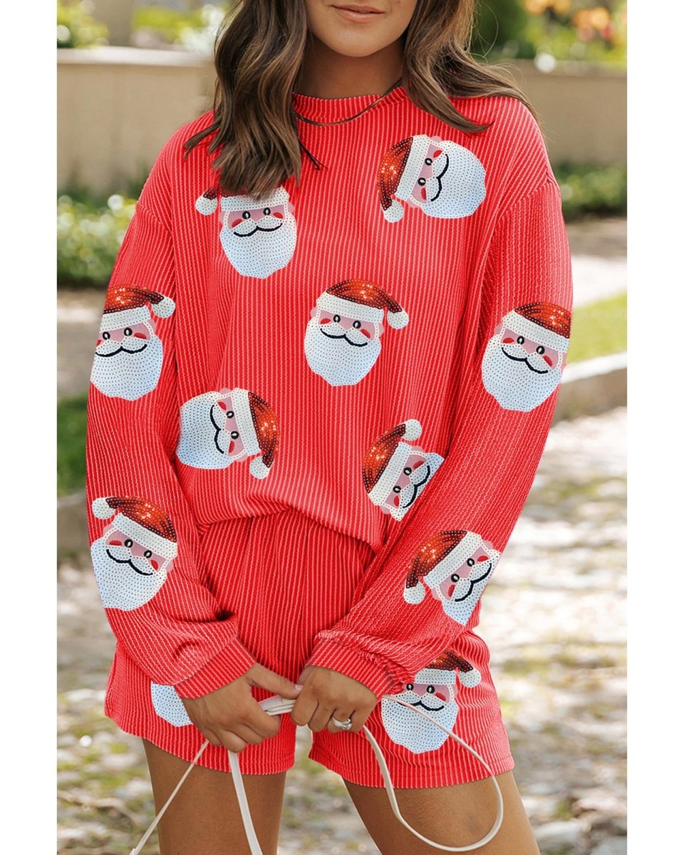 Gold Flame Sequin Christmas Santa Clause Corded Pullover and Shorts Set - L
