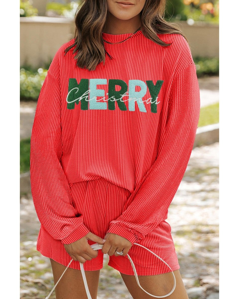 Gold Flame Corded MERRY Christmas Letter Top and Shorts Set - XL