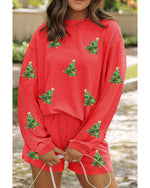Gold Flame Sequin Christmas Tree Corded Long Sleeve Top ans Shorts Set - M