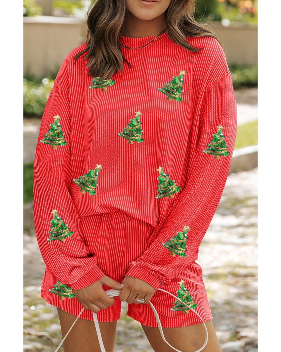 Gold Flame Sequin Christmas Tree Corded Long Sleeve Top ans Shorts Set - S