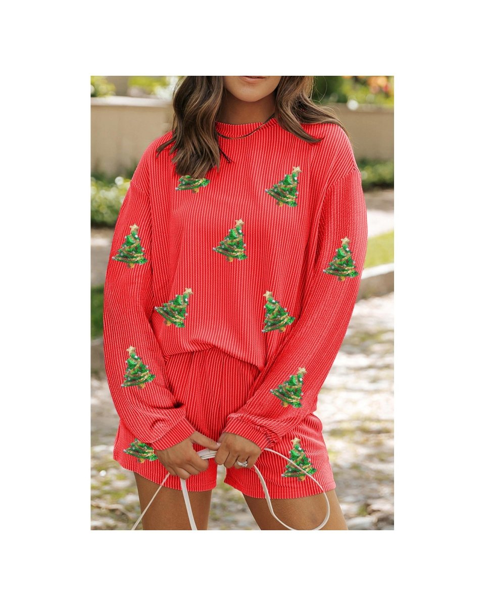 Gold Flame Sequin Christmas Tree Corded Long Sleeve Top ans Shorts Set - XL
