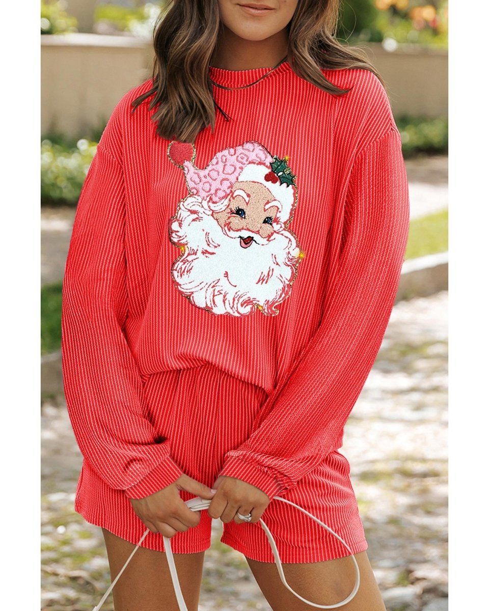 Gold Flame Shiny Father Christmas Corded Long Sleeve Top and Shorts Set - S