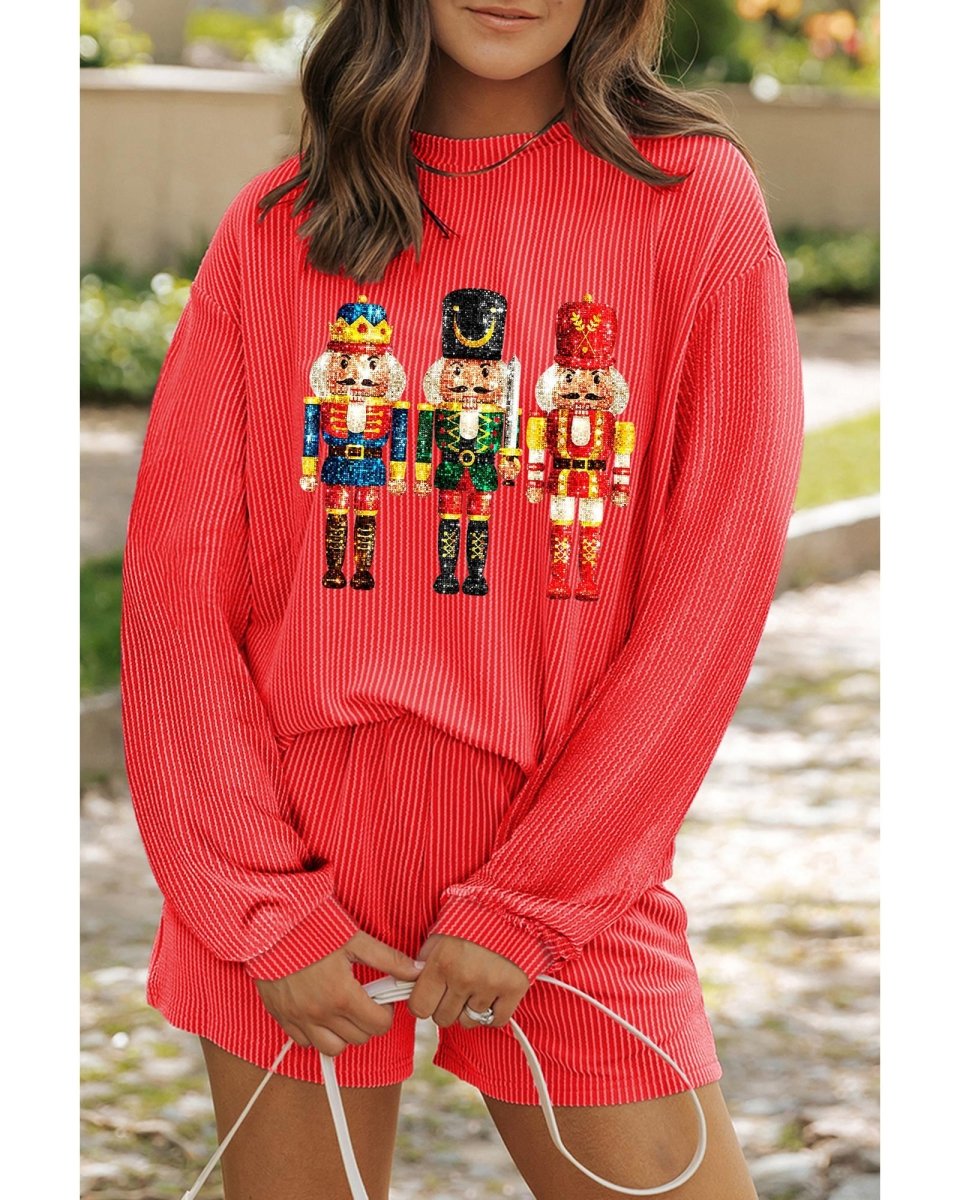 Gold Flame Heat Transfer Christmas Nutcracker Ribbed Long Sleeve Top Shorts Set - M
