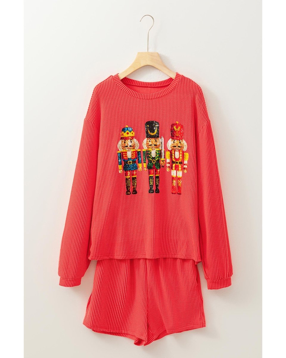 Gold Flame Heat Transfer Christmas Nutcracker Ribbed Long Sleeve Top Shorts Set - M
