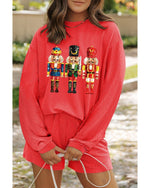 Gold Flame Heat Transfer Christmas Nutcracker Ribbed Long Sleeve Top Shorts Set - S