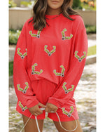 Gold Flame Deer Horn Patched Pattern Long Sleeve Corded Christmas Shorts Set - 2XL
