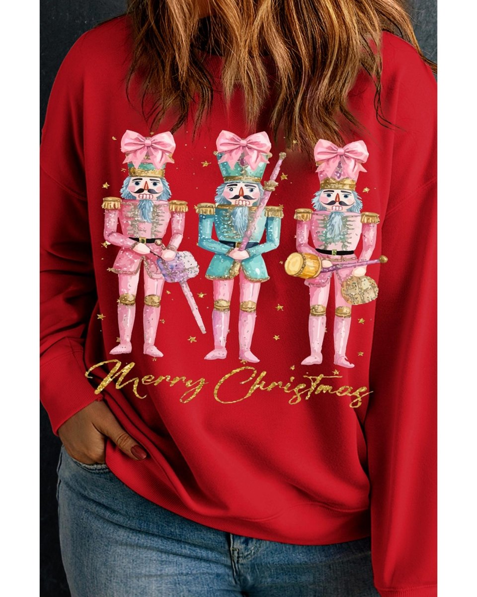 Racing Red Nutcracker Merry Christmas Printed Drop Shoulder Plus Size Sweatshirt - 2X