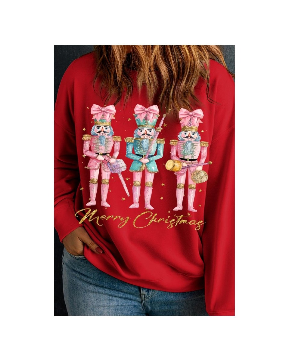 Racing Red Nutcracker Merry Christmas Printed Drop Shoulder Plus Size Sweatshirt - 4X