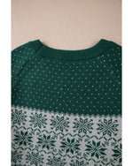 Green Christmas Snowflake Pattern Drop Shoulder Plus Size Sweater - 1X