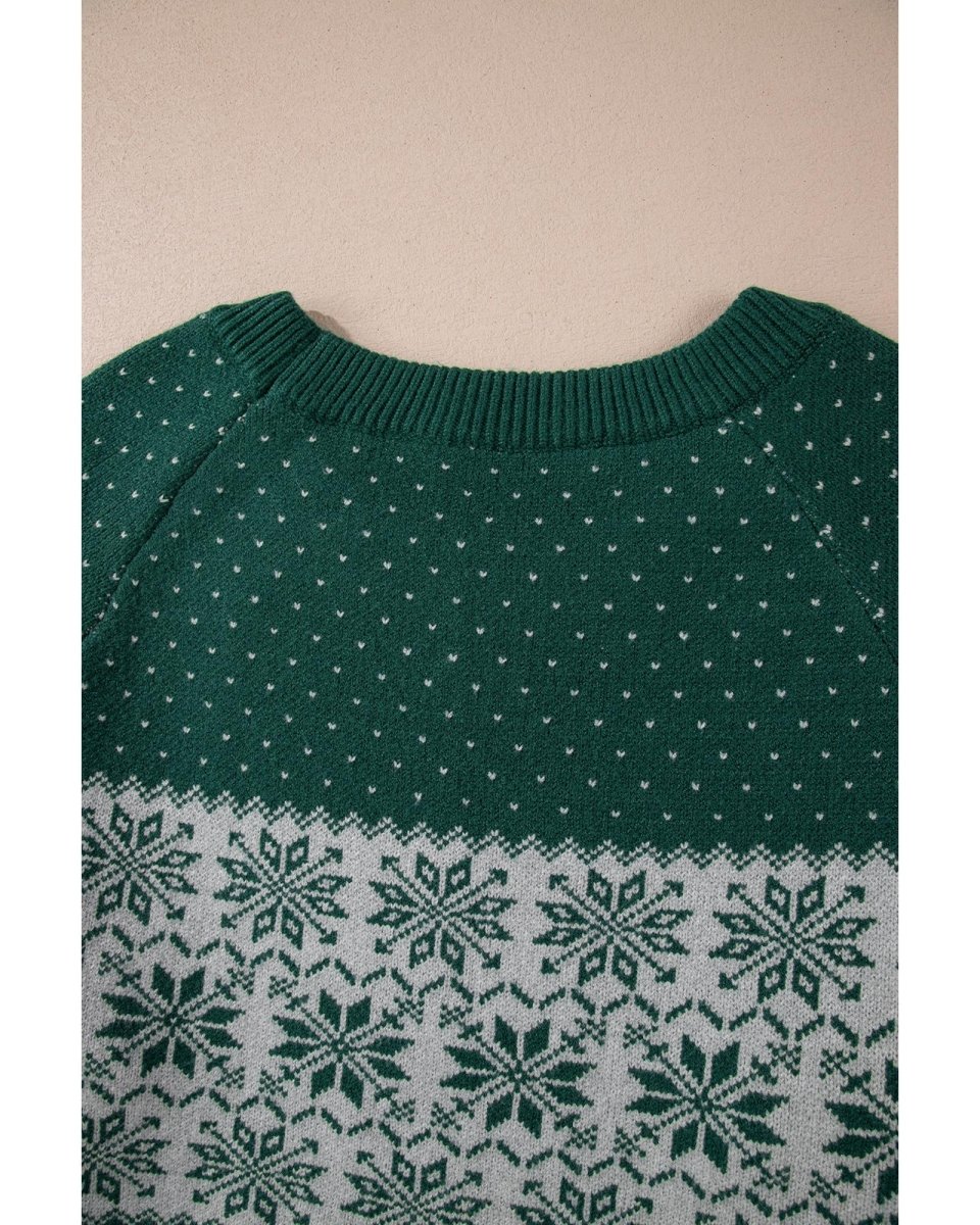 Green Christmas Snowflake Pattern Drop Shoulder Plus Size Sweater - 1X