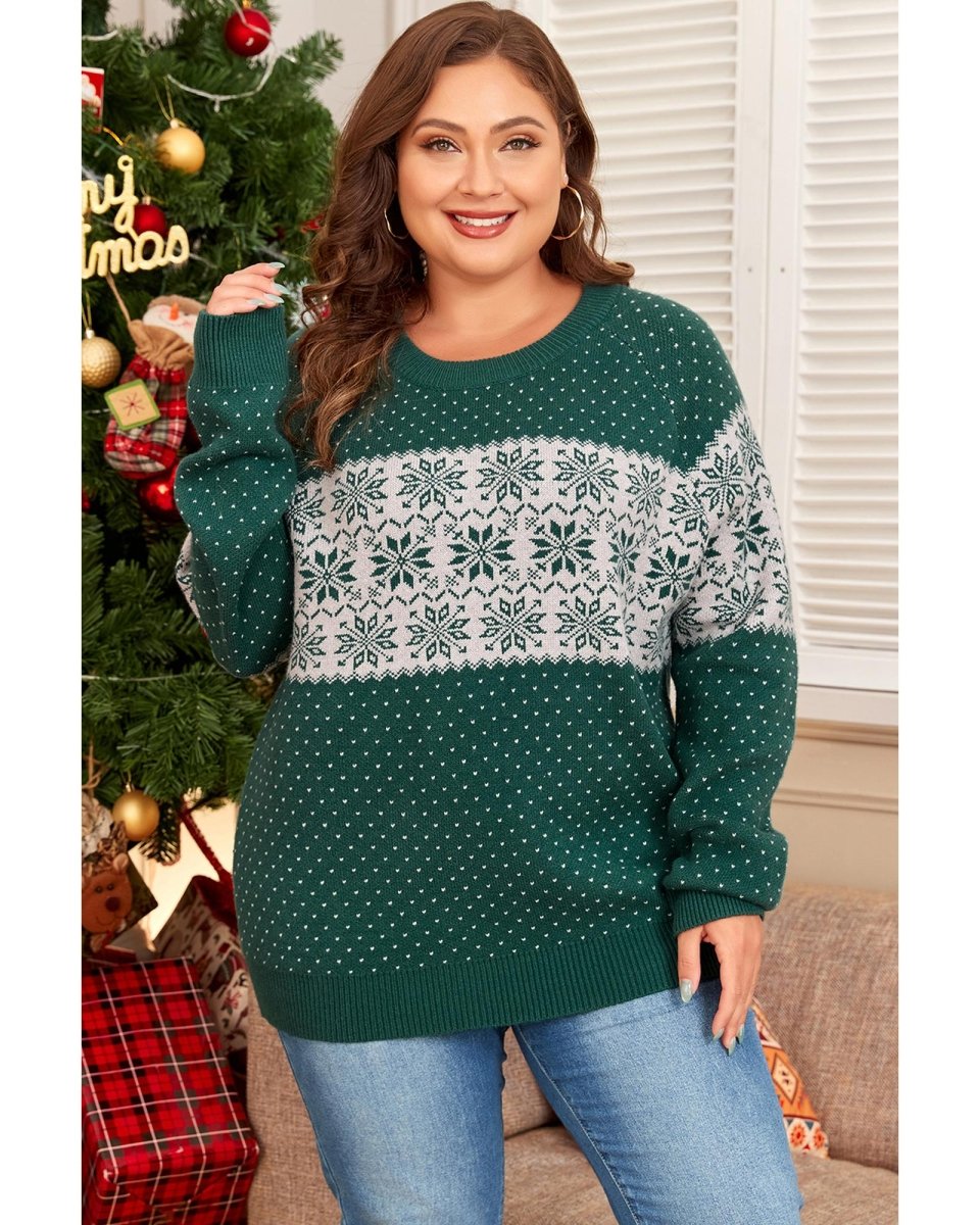 Green Christmas Snowflake Pattern Drop Shoulder Plus Size Sweater - 1X