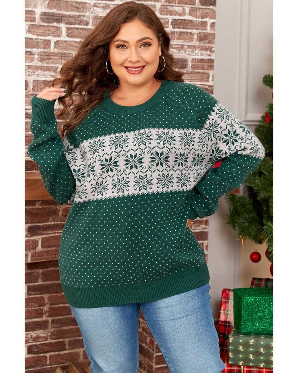 Green Christmas Snowflake Pattern Drop Shoulder Plus Size Sweater - 1X