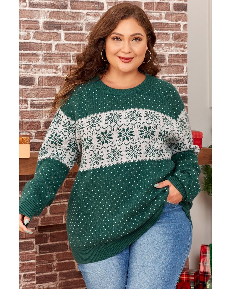 Green Christmas Snowflake Pattern Drop Shoulder Plus Size Sweater - 2X