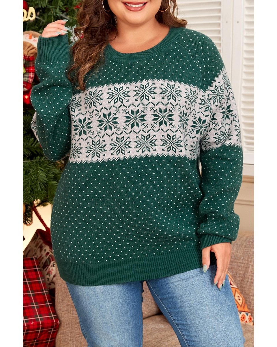 Green Christmas Snowflake Pattern Drop Shoulder Plus Size Sweater - 3X