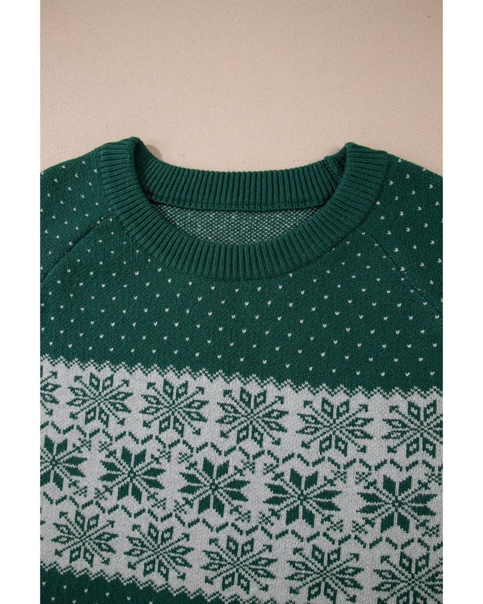 Green Christmas Snowflake Pattern Drop Shoulder Plus Size Sweater - 4X