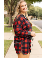 Fiery Red Christmas Buffalo Print Henley Top and Shorts Plus Size Set - 1X