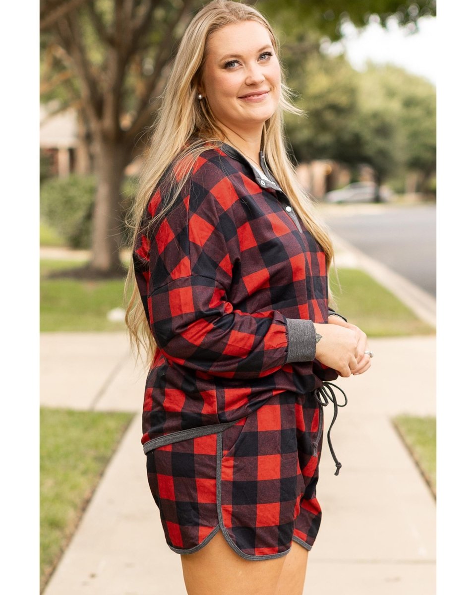 Fiery Red Christmas Buffalo Print Henley Top and Shorts Plus Size Set - 3X