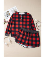 Fiery Red Christmas Buffalo Print Henley Top and Shorts Plus Size Set - 4X