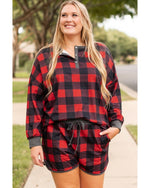 Fiery Red Christmas Buffalo Print Henley Top and Shorts Plus Size Set - 4X