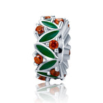 925 Sterling Silver Christmas Leaves Red Gemstone Inlay Accessory