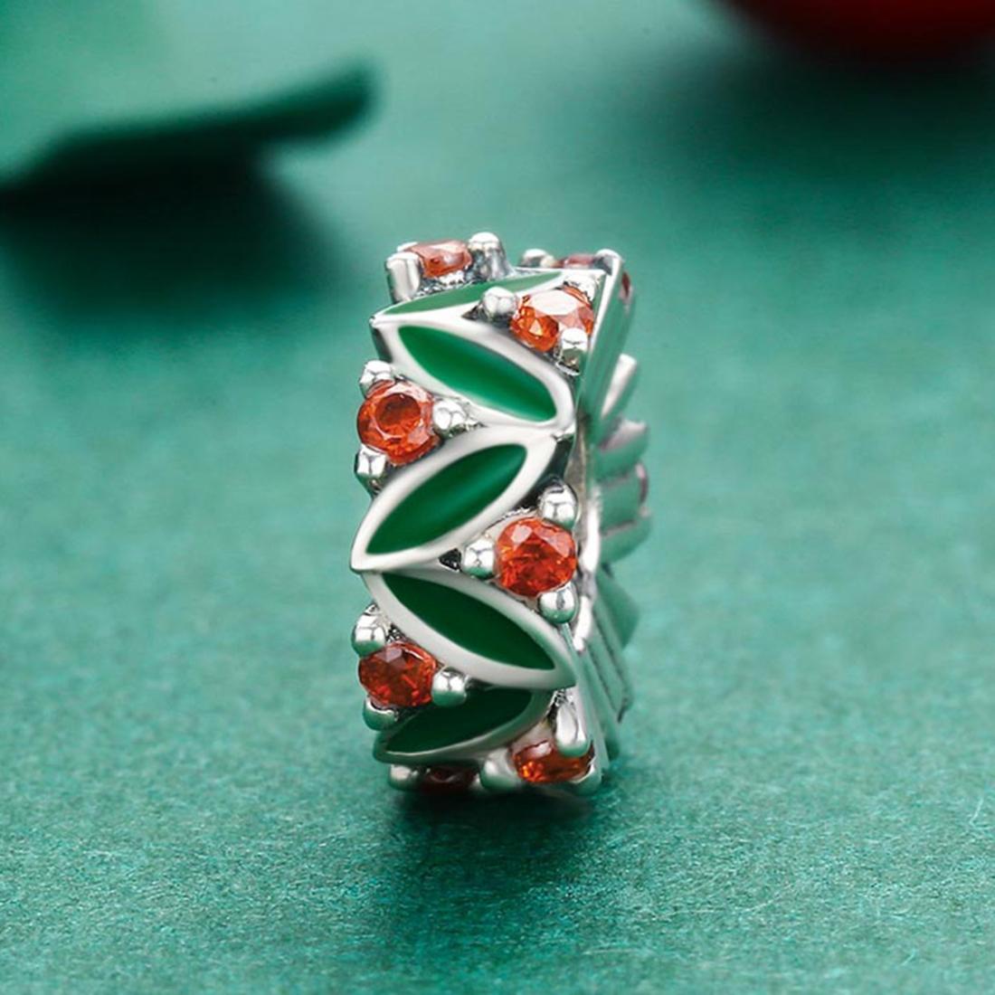 925 Sterling Silver Christmas Leaves Red Gemstone Inlay Accessory