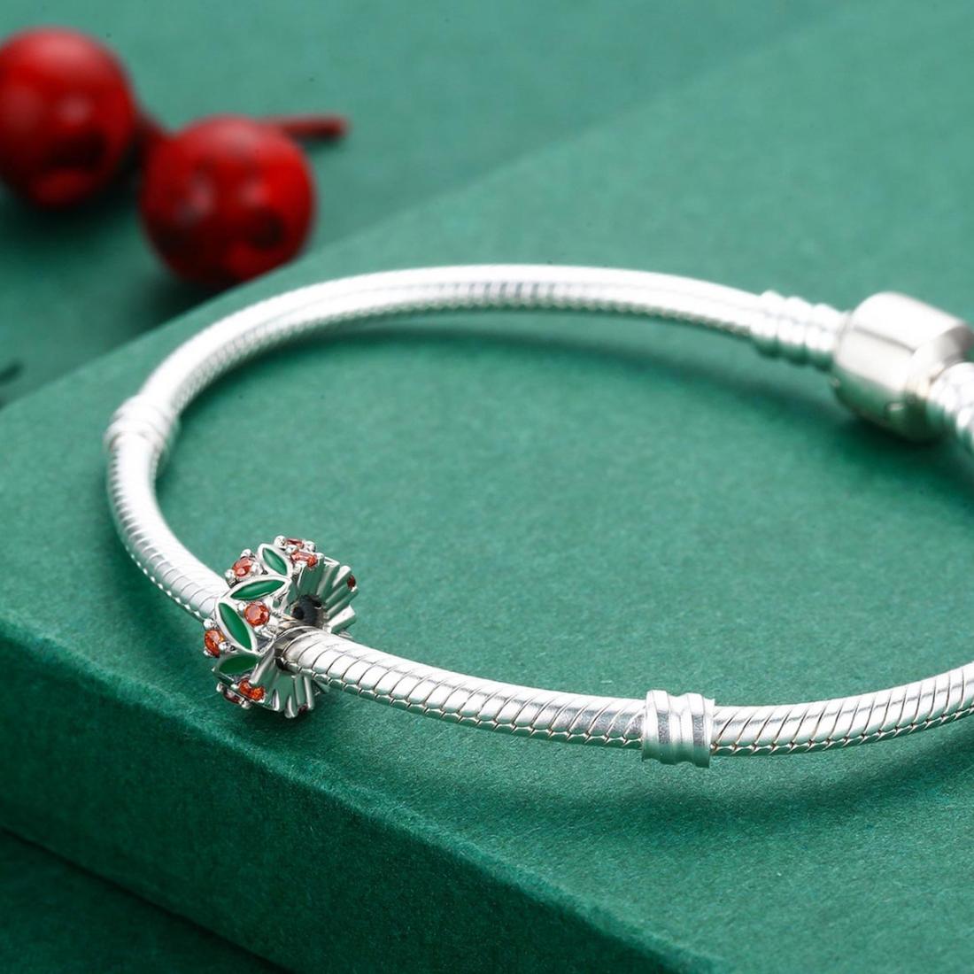 925 Sterling Silver Christmas Leaves Red Gemstone Inlay Accessory
