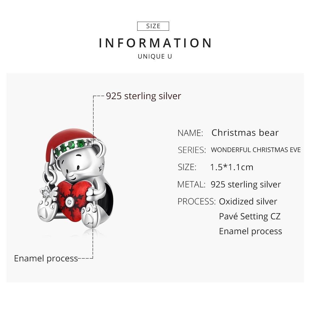 925 Sterling Silver Christmas Bear Charm For Diy Bracelets & Necklaces