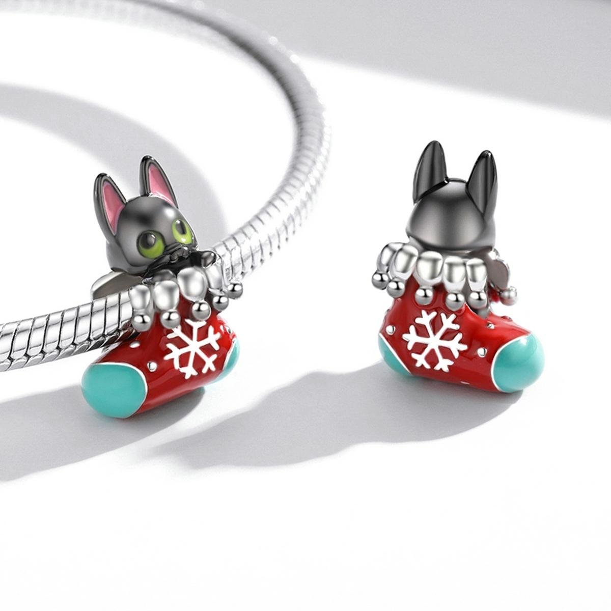925 Sterling Silver Christmas Sock Cat Beads For Diy Bracelets & Necklaces