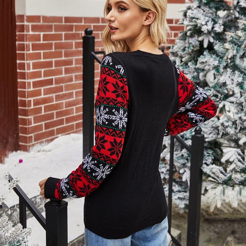 Christmas Women Pullover Sweater Santa Claus Embroidery Crew Neck Knit Sweater - Red - S