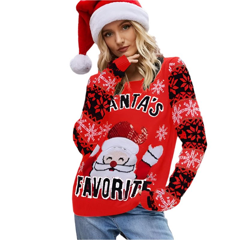 Christmas Women Pullover Sweater Santa Claus Embroidery Crew Neck Knit Sweater - Red - M