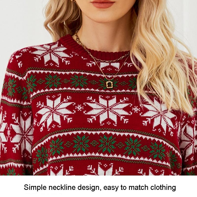 Women Round Neck Christmas Knitwear Long Sleeve Snowflake Christmas Sweater - Dark Blue - S