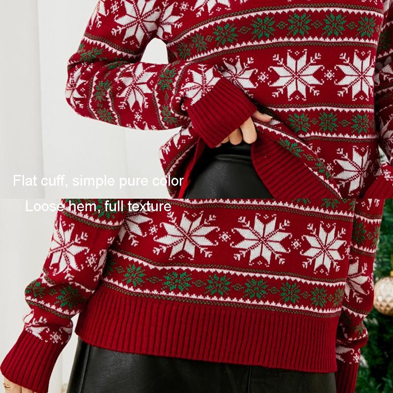 Women Round Neck Christmas Knitwear Long Sleeve Snowflake Christmas Sweater - Dark Blue - M