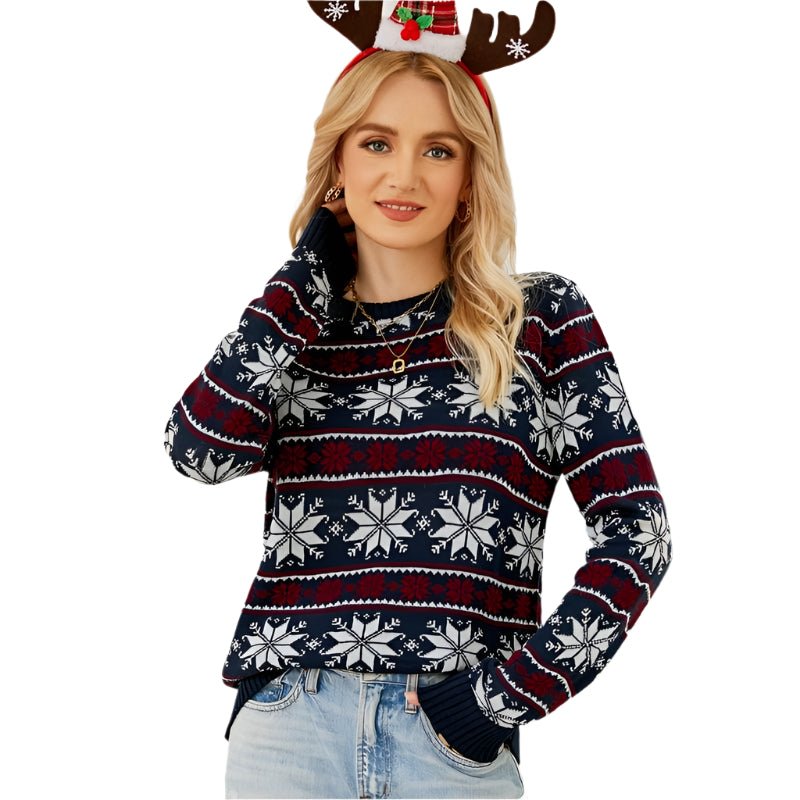 Women Round Neck Christmas Knitwear Long Sleeve Snowflake Christmas Sweater - Dark Blue - L