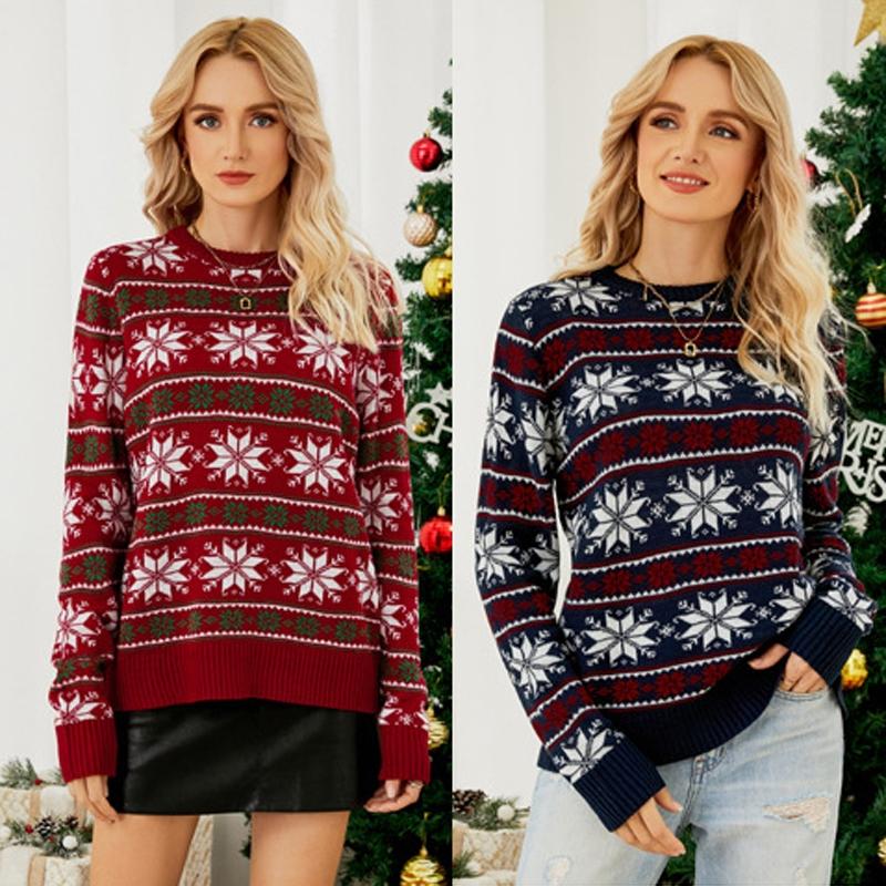 Women Round Neck Christmas Knitwear Long Sleeve Snowflake Christmas Sweater - Dark Blue - L