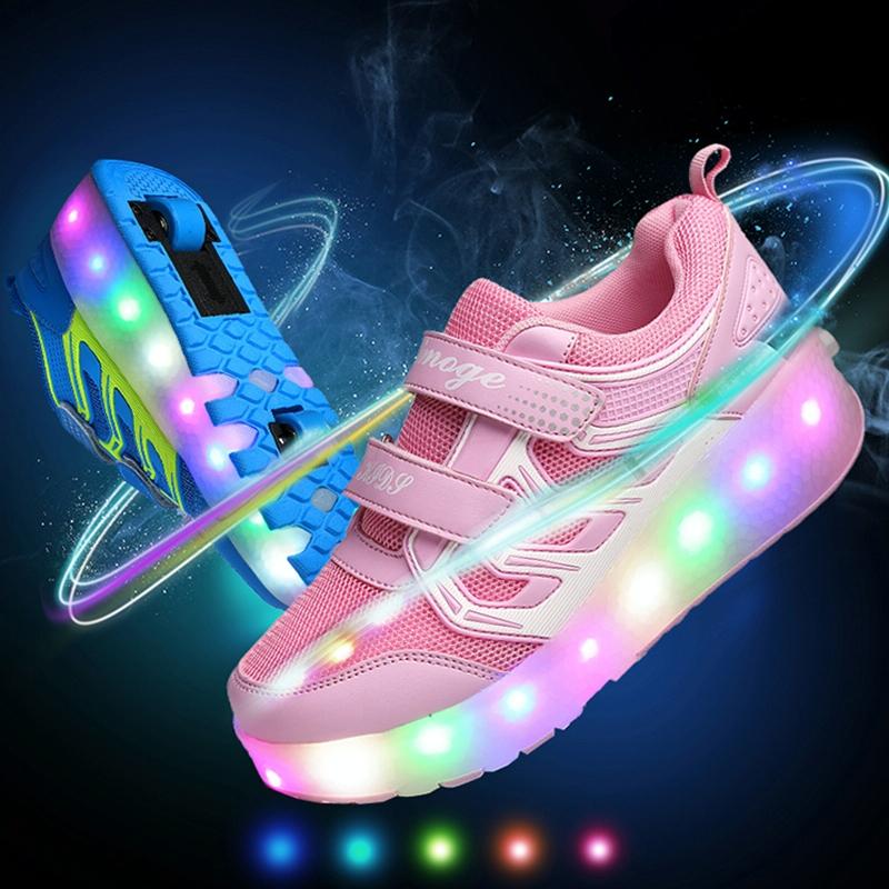 Rechargeable Double Wheel Roller Skating Shoes - Ultra Light Mesh - Black - Size 41