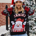 Christmas Women Pullover Sweater Santa Claus Embroidery Crew Neck Knit Sweater - Black - Xl