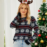 Women Round Neck Christmas Knitwear Long Sleeve Snowflake Christmas Sweater - Dark Blue - Xl