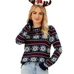 Women Round Neck Christmas Knitwear Long Sleeve Snowflake Christmas Sweater - Dark Blue - Xl