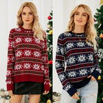 Women Round Neck Christmas Knitwear Long Sleeve Snowflake Christmas Sweater - Dark Blue - Xl