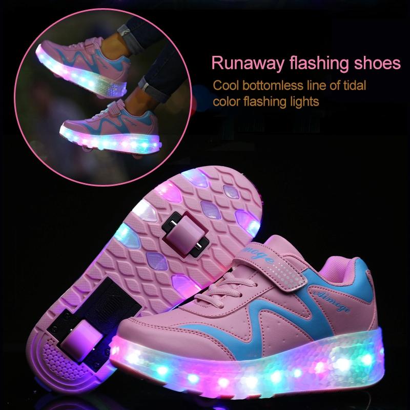 Rechargeable Double Wheel Roller Skating Shoes - Pink Size 39