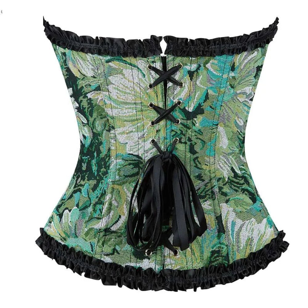 Ruffled Lace Trim Boned Corset Top Green Renaissance Christmas Lingerie - Xs